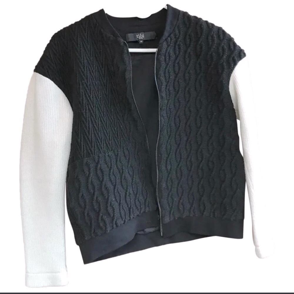 Tibi Black &White Textured Sweeter Bomber Jacket Long Sleeves Zipper Size XS